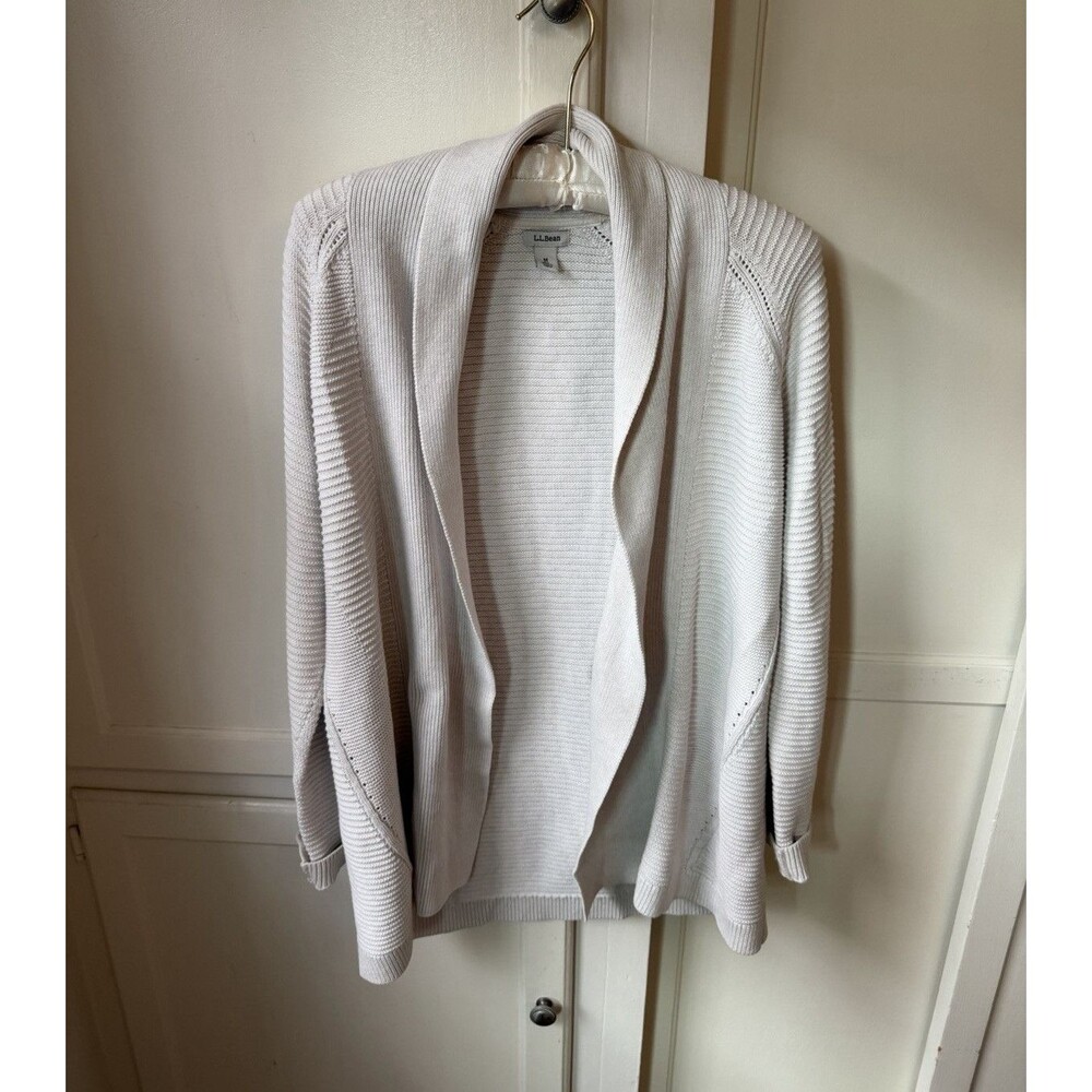 L.L.Bean Women’s White 100% Cotton Knit Cardigan Shawl Collar Long Sleeve - Med